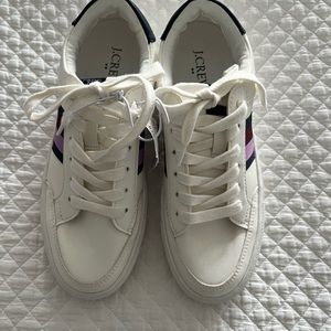NWT’s J Crew Sporty White Sneakers with Purple and Nay Stripes. Size 6 1/2